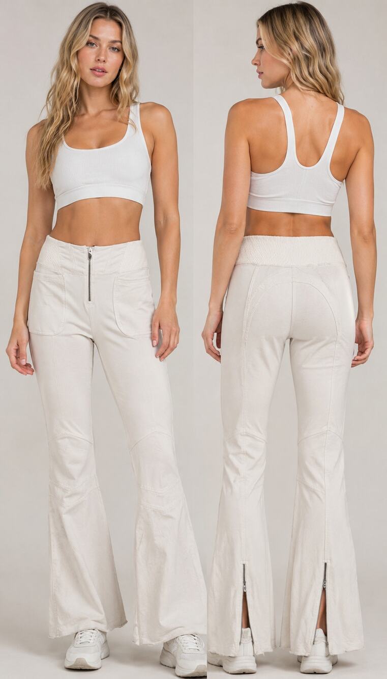 Free People Movement High Rise Flare Pants Beige Zip Front Size Large Athleiture